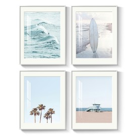 Framed Coastal Beach Wall Art for Living Room, 4 Piece Ocean Wave Palm Tree Surfboard Canvas Artworks, Summer Relaxing Seascape Picture Prints for Bedroom Bathroom Wall Decor, 11x14 Inch