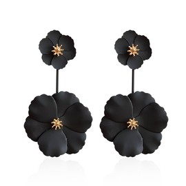 Chanaiqw Boho Summer Long Metal Poppy Flower Dangle Earring Matte Painted Dual Flower Floral Petal Tiered Drop for Women (Black)