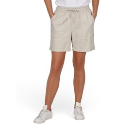 DENIMFY DFAlessia Women's Regular Fit Linen Shorts Summer Pockets Elastic Waist Drawstring Plain Black White Beige Green S M L XL XXL, Light Sand, L