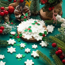 160PCS Small/Mini/Miniature Christmas Decorations for DIY Crafts, Resin Charms Snowflakes with Holly Leaves Berries, Christmas Floating Vase Filler, Xmas Ornaments Decor for Wreath Tree Present Tag