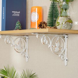 Sungmor 9.2 Inch Cast Iron Rustic White Brackets for Shelves, 2PC Vintage Metal Decorative Angle Support Doorway Bracket, Heavy Duty Victorian Shelves Corbels, Wall Mounted Floating Shelf Bracket