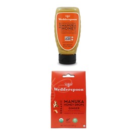 Wedderspoon Bundle - Wedderspoon Raw Premium Manuka Honey KFactor 16 Squeeze Bottle (12 Oz) and Manuka Honey Drops, Ginger & Echinacea (4 Oz)