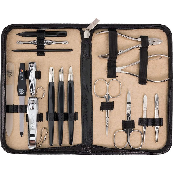 3 Swords Germany - brand quality 16 piece manicure pedicure grooming kit set for professional finger & toe nail care scissors clipper fashion leather case in gift box, Made in Solingen Germany (21000)