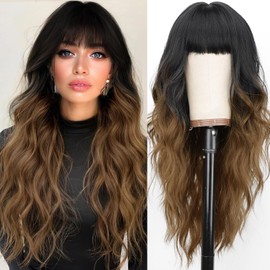 AISI HAIR Wig with Bangs Black To Brown Long Wavy Wig for Women Synthetic Hair Wig for Daily Party Use