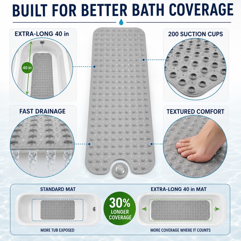 Extra Long Non-Slip Bathtub Mat with Suction Cups, 40 x