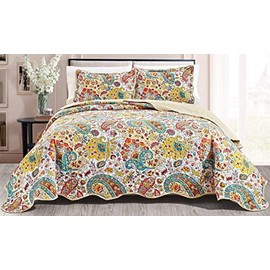 GrandLinen 3-Piece Fine Printed Queen Size Quilt Set Oversize (100" Wide X 93" Long) Lightweight Bedspread All Season Coverlet Soft Bed Cover in White, Red, Grey, Gold & Multi Color Paisley Pattern