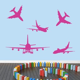 Airplanes Wall Decals, Airplane Wall Stickers Set for Nursery, Kids and Teens, Bedroom, Playroom, Classroom | Large | Hot Pink | Pick Your Color