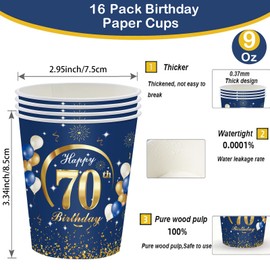MORAINJAY 70th Birthday Paper Cups, Pack of 16 Blue with Gold for Man Woman, 9oz/250ml Party Decoration