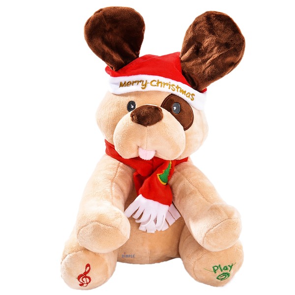 Dimple 'Ginger' Christmas Holiday Dog Stuffed Animal 9", Animated Plush Singing Peek-a-Boo & Waving Ears Dog, Xmas Electric Toy Party Gift for Kids Children, Plays Xmas Tunes