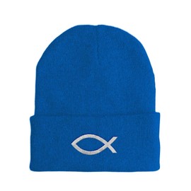 Mütze - christliches Symbol Fisch - Beanie One Size - Wintermütze Soft Touch - Spruchmütze bestickt - Farbauswahl - lustige Mütze, Farbe: Blau