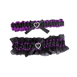 Elegant Satin Set Bridal Garters for Ladies Bow with Beaded Lace Wedding Stretch Prom Garters Set 2,Black Purple