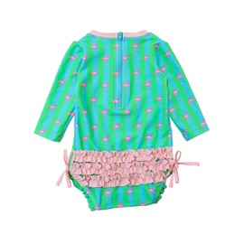 RuffleButts Baby Girls UPF 50+ Sun Protection Tropical Print Long Sleeve One Piece Rash Guard Swimsuit with Zipper - Neon Flamingo Stripe, 12-18m