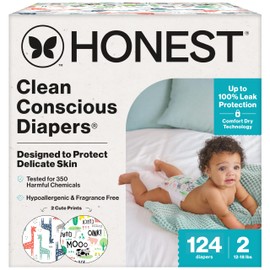 The Honest Company Clean Conscious Diapers for Delicate Skin | Up to 100% Leakproof | Hypoallergenic, Fragrance Free | Gender Neutral | Super Club Box, Size 2 (12-18 lbs), 124 Count (Prints May Vary)