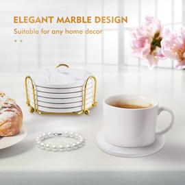 White Coasters,Geichan Coasters Set of 6, Ceramic Marble Coaster with Holder and Cork Base for Cups, Tables and Home Decor,4"