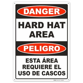 Brimar - 10" x 14" - Bilingual Danger Hard Hat Area Sign - .055″ Polyethylene Plastic - Bilingual Design - Easy Installation