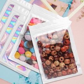 Funfery 100 pcs White Smell Proof Mylar Holographic Bags Packaging Bags,Clear Resealable Odor Proof Bag Foil Pouch Bag for Food Storage,Lipgloss,Jewelry,Eyelash Packaging for Small Business(3x4.7In)