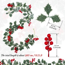 Paquete de 3 guirnaldas artificiales de Pascua de Navidad de 25.5 pies con borde blanco, hojas de acebo verdes para Navidad, hogar, comedor, terraza, barandilla, decoración de escaleras (vid de bayas)