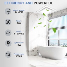 POWERENG Bathroom Exhaust Fan with Light,Bathroom Fan with 6000K Square LED Combo,110V 141 CFM,0.7 Sones Low Noise Ventilation Fan for Home/Bath/Office/Hotel