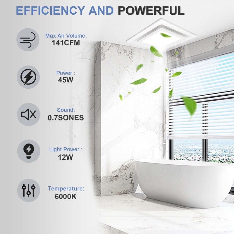 POWERENG Bathroom Exhaust Fan with Light,Bathroom Fan with 6000K Square