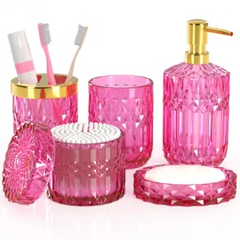 Hot-Pink Bathroom Accessories Set, 5 Pcs Clear Glass Bathroom Accessories with Lotion Soap Dispenser, Soap Dish, Toothbrush Holder, Tumbler, Cotton Swab Jars