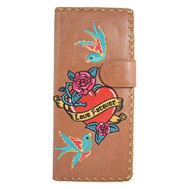 Skelapparel Tattoo Art love forever Sparrow birds embroidered Large flat wallet (Brown)