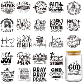 Christian UV DTF Cup Wraps - 24 Sheets Bible Verse Uvdtf Tumbler Wrap for 16 oz Glass Water Bottle, Faith Can Move Mountains Inspirational Quotes Waterproof Transfer Sticker Religious Gifts for Mom