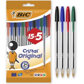 BIC Cristal Original Ballpoint Pens Medium Point (1.0 mm) – Assorted Colours, Pouch of 15+5