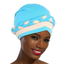 Woeoe Braid African Turban Pre-Tied Light Blue Head Wrap Soft Elastic Head Scarf Stretch Beanie Cap Headwear for Women and Girls