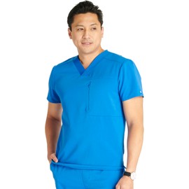 Cherokee Men's V-Neck Scrub Top with Front Neckline, Yoke Seams, and Zip Pocket CK718A, M, Royal