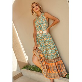 R.Vivimos Women's Summer Sleeveless Floral Print Button Up Bohemian Flowy Maxi Dresses (Small, Yellow)