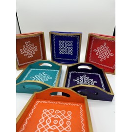 Hand Painted Indian Kolam Trays for coffee table - Indian Serving trays - 6 * 6 inch - Indian return gifts, Indian housewarming gifts, Indian wedding gifts, Indian gifts for poojas (set of 10)
