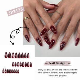 24Pcs Cherry Red False Nails - Almond Press on Nails Long in 12 Sizes - False Nails Almond Shape with Bowknot Pattern - Glossy Solid Colour Burgundy Fake Nails with Glue