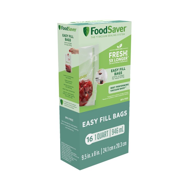 FoodSaver Easy Fill 1-Quart Vacuum Sealer Bags | Commercial Grade and Reusable | 16 Count, Clear