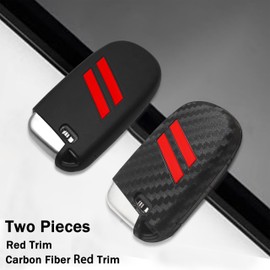 YOSRTER Silicone Key Fob Cover Protector 5 Buttons Keyless Fit for Dodge Accessories Key Shell for Challenger Charger Durango Journey Dart (2 Packs (Red Trim and Carbon Fiber Trim))