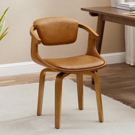 Zouron Swivel Desk Chair No Wheels, Mid Century Modern Office Chair, Faux Leather Dining Chair with Wood Legs, Accent Arm Chair for Living Room Bedroom Home Office, 1Pcs, Matt Brown