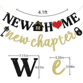 New Home New Chapter Banner, Pre-strung New Home Banner, Housewarming Party Decorations, Home Decor, Black & Gold Glitter