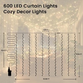 9.8x19.6Ft Curtain String Lights Plug in,600 Warm White LED Curtain Lights with Remote,Timer,Memory,Waterproof Clear Wire for Indoor Outdoor Bedroom Window Decor