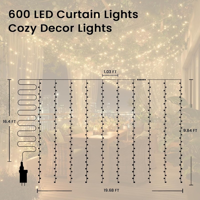 9.8x19.6Ft Curtain String Lights Plug in,600 Warm White LED Curtain