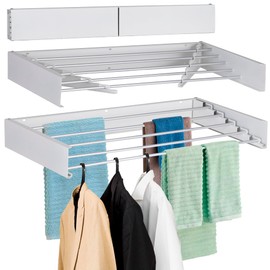 FOCHIER F Laundry Drying Rack Wall Mounted Clothes Drying Rack Collapsible 40" Wide with 16.5 Linear Ft and 5 Aluminum Rods Drilling Template Long Screwdriver Bit 60 lbs Capacity White