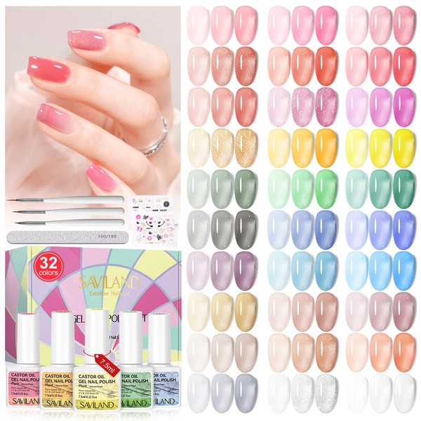 SAVILAND Castor Oil Jelly Gel Nail Polish Set, 32+3 Colors Nail Polish Set Translucent Nude Transparent Trendy with 192 Sheer/Opaque/Solid/Matte/Glossy Effects for Nail Salon DIY Home Set Holiday Gift