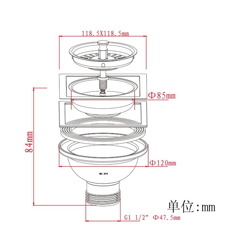 TALEA Sink Strainer for Old Sink,118*118MM Square Waste Kit, XK174-U