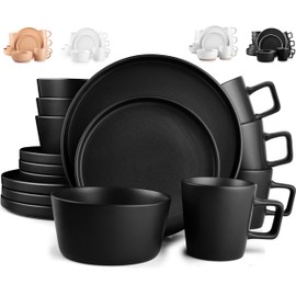 Zulay Kitchen Terra Stoneware Dinnerware Set, Artisanal Ceramic Plates and Bowls Set Crafted at 2300℉ - Service for 4, Black Matte