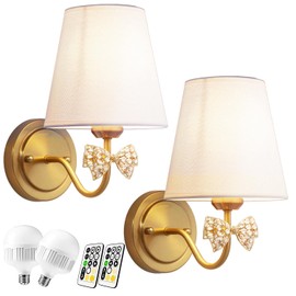 Mesuz Battery Operated Wall Sconces Set of Two, Bow Wall Light, Remote Control, Antique Brass Sconces Rechargeable Battery Powered for Bedroom Living Room Vintage Decor