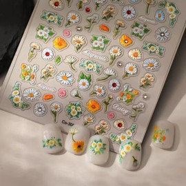 Flower Nail Stickers for Nail Art Yellow White Nail Art Stickers Daisy Nail Decals Self Adhesive 5D Embossed Nail Art Design Manicure Supplies Charm for Women Nail Art Decorations Accessories