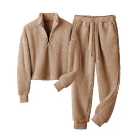 LTSCNRM Womens Fuzzy Pajamas Sets Lounge Fluffy Fleece Sleepwear Zip Up Pullover Pockets (Camel-Large)