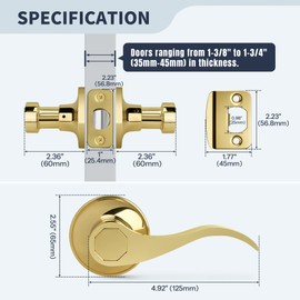 LOQRON Gold Wave Style Door Handles (No Lock and Key), Non-Locking Reversible Gold Door Lever for Bathroom and Interior Closet, Polished Brass,3 Pack
