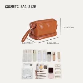 Ouhui makeup bag for women, travel cosmetic bag, double layer toiletry bag, portable leather organizer bag for girl, makeup brush bag with compartments, travel essentials brown