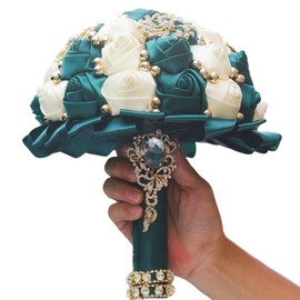 Gkvszy Emerald Green and Ivory Gold Brooch Wedding Bridal Bouquet for Bride Bridesmaid Quinceanera with Bling Rhinestone Pearl Satin Rose Flower Bouquet Wedding Emerald Green and Ivory 8.3in