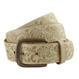 Men's Western Vintage Engraved Belt 1-1/2" Wide Black Brown White (40, White)