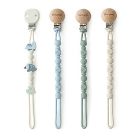 Moonkie - Clips de silicona para chupete para bebé, duradero de una sola pieza, clips de estilo mixto, esenciales para bebés recién nacidos, paquete de 4 (rugidos de dinosaurio)